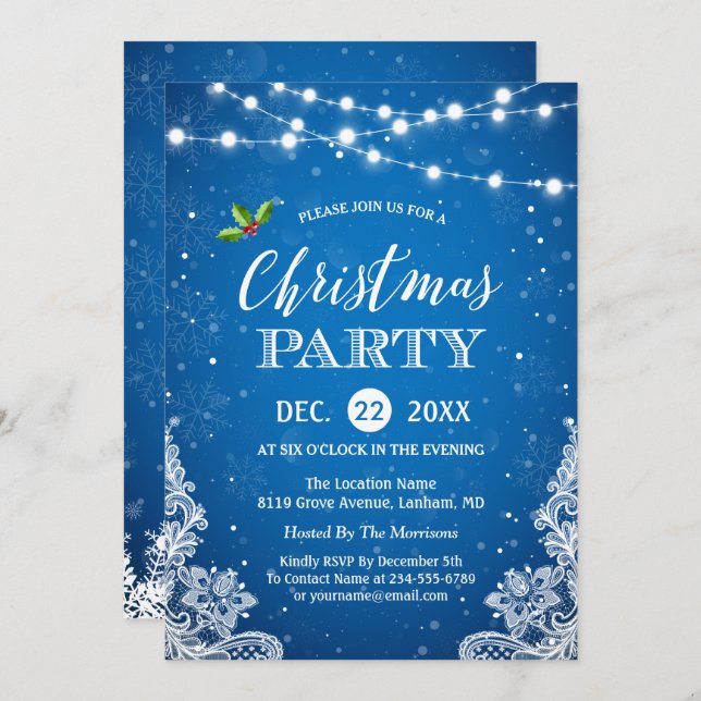 Convite String Lights Lace Snowflakes Festa de Natal Azul (Frente/Verso)