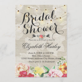 Convite String Lights & Linen Floral Chá de panela Casamen