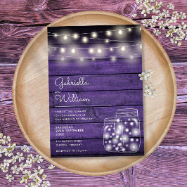 Convite String Lights Mason Jar Rustic Purple Wood Casamen