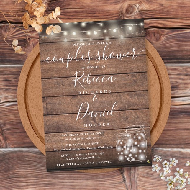Convite String Lights Mason Jars Script Casal Chá (String Lights Mason Jars Script Couples Shower Invitation)