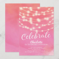 String Lights Pink Sweet 16th Birthday Invitation