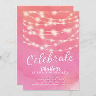 Convite String Lights Pink Sweet 16th Birthday Invitation