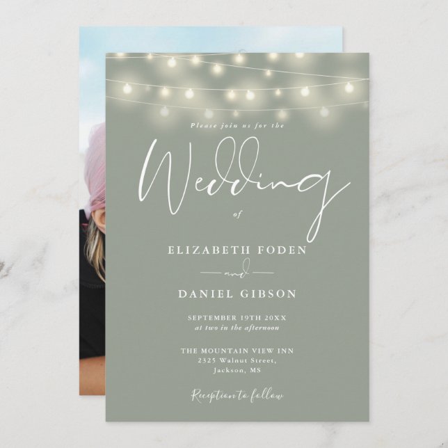 Convite String Lights Sage Green Photo Wedding (Frente/Verso)