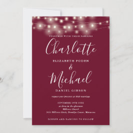 Convite String Lights Script Burgundy Código QR Casamento