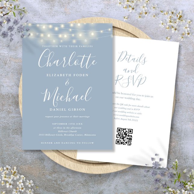 Convite String Lights Script Dusty Blue Código QR Casament (String Lights Script Dusty Blue QR Code Wedding Invitation)