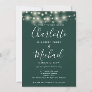 Convite String Lights Script Emerald Green Code Casamento