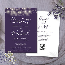 Convite String Lights Script Purple Código QR Casamento
