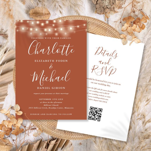 Convite String Lights Script Terracotta Código QR Casament (String Lights Script Terracotta QR Code Wedding Invitation)