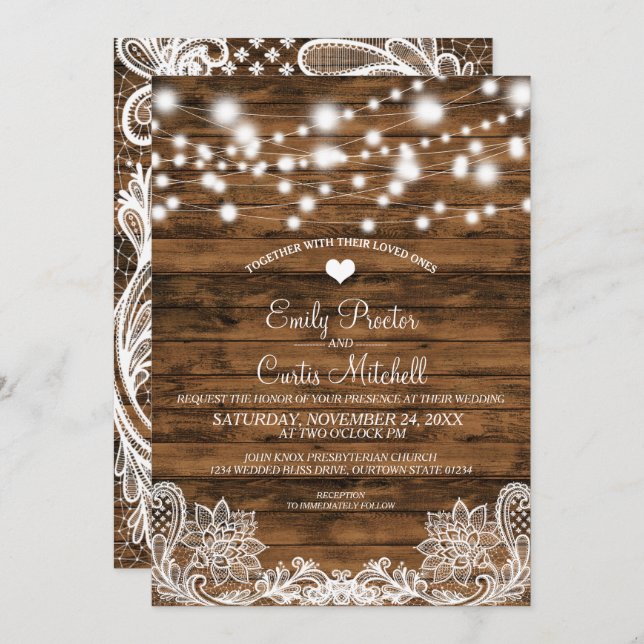 Convite String Lights Wood and Lace Weditation (Frente/Verso)