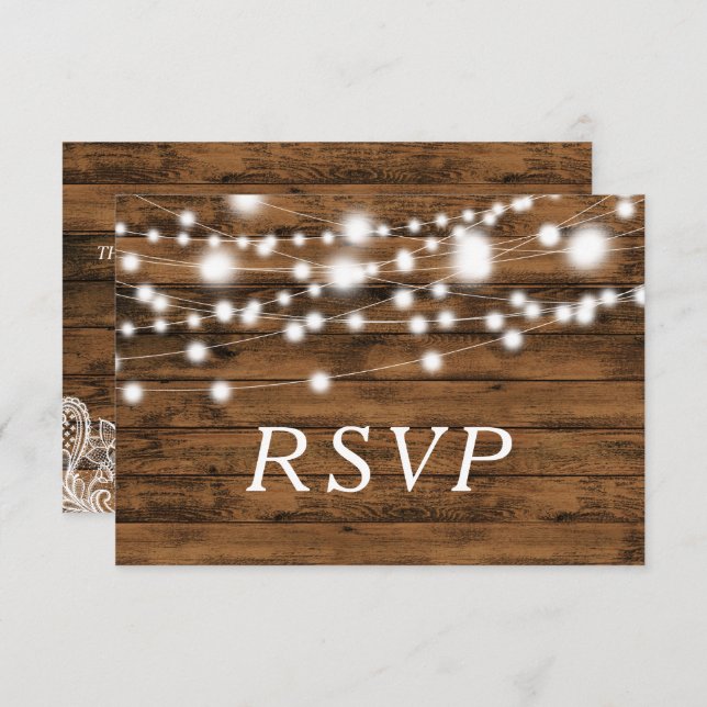 Convite String Lights Wood e Lace RSVP Card (Frente/Verso)