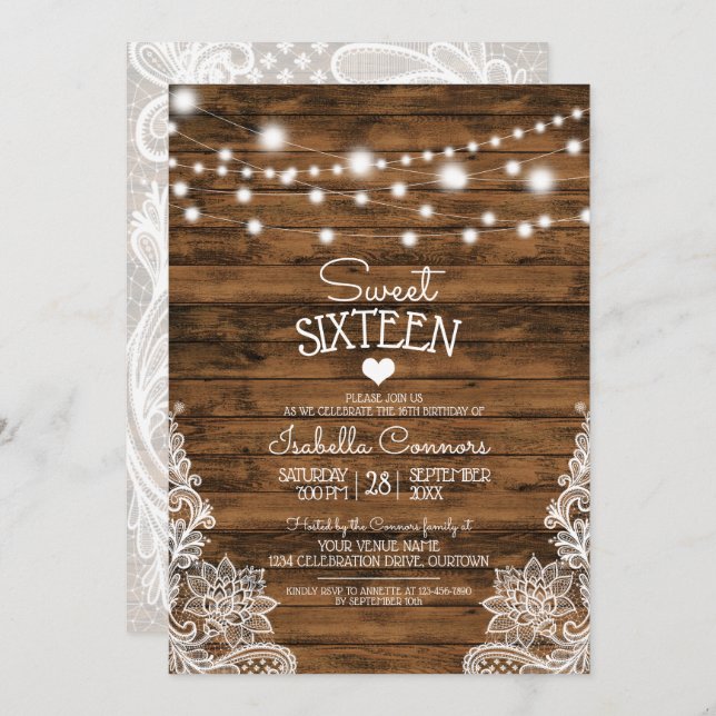 Convite String Lights Wood e Lace Sweet 16 Party (Frente/Verso)