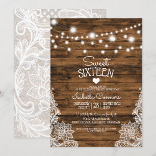 Convite String Lights Wood e Lace Sweet 16 Party