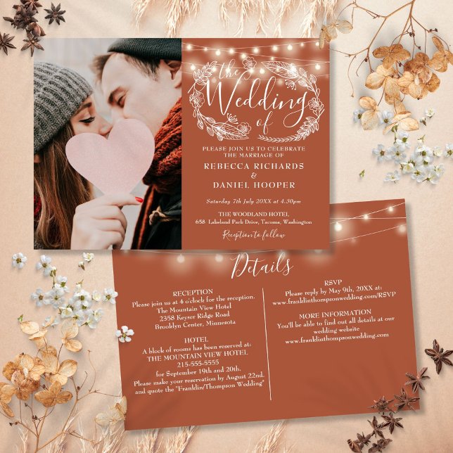 Convite String Luz Terracotta Foto Tudo Em Um Casamento (String Lights Terracotta Photo All In One Wedding Invitation)