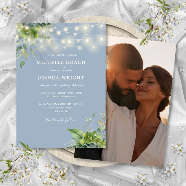 Convite String Luz Verde Dusty Foto Azul (String Lights Greenery Dusty Blue Photo Wedding Invitation)
