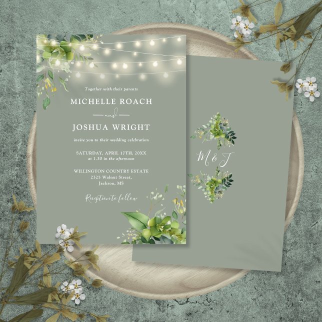 Convite String Luz Verde Monograma Sage Casamento Verde (String Lights Greenery Monogram Sage Green Wedding Invitation)