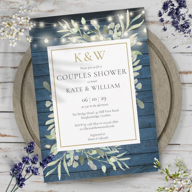 Convite String Luzes Azul Madeira Monograma Casal Chá (String Lights Blue Wood Monogram Couples Shower Invitation)