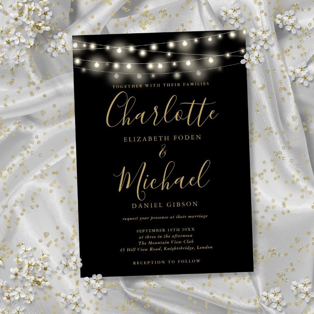 Convite String Luzes Douradas Casamento Elegante Preto (String Lights Black Gold Elegant Script Wedding Invitation)
