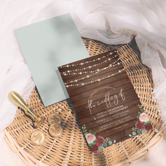 Convite String Luzes Eucalyptus & Burgundy Casamento Flora (Criador carregado)