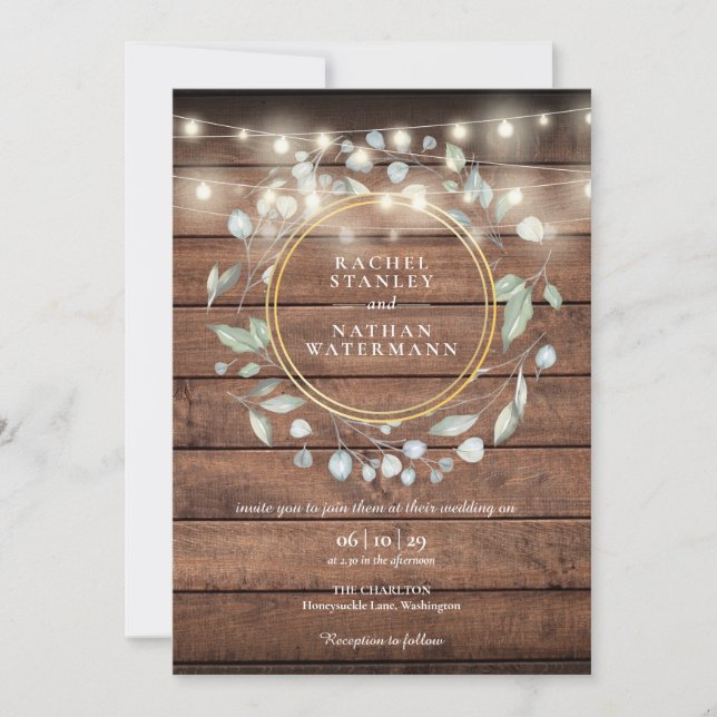 Convite String Luzes Rustic Barn Wood Greenery Casamento (Frente)
