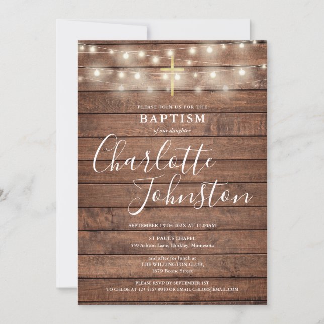 Convite String Luzes Rustic Wood Baptism Christening (Frente)