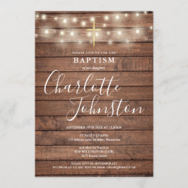 Convite String Luzes Rustic Wood Baptism Christening