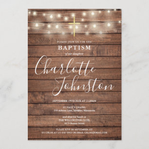 Convite String Luzes Rustic Wood Baptism Christening