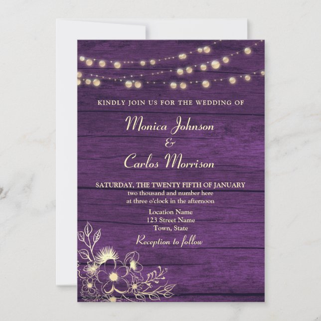Convite String Luzes Rustic Wood Purple Casamento (Frente)