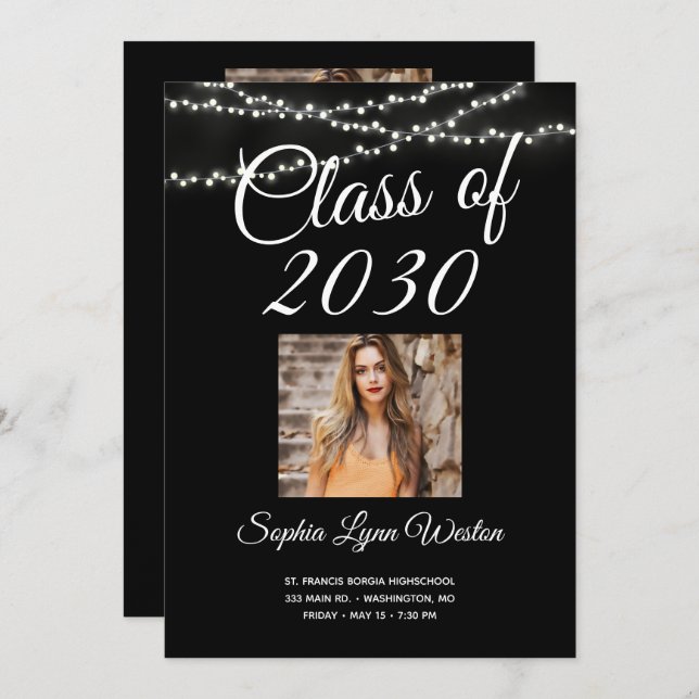 Convite String of Lights Graduation Photo (Frente/Verso)