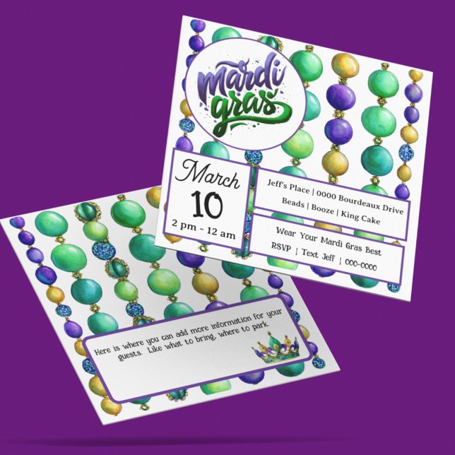 Convite Strings of Colorful Mardi Gras Beads (Fully customize the front and back of your Mardi Gras bead inspired party invitation)