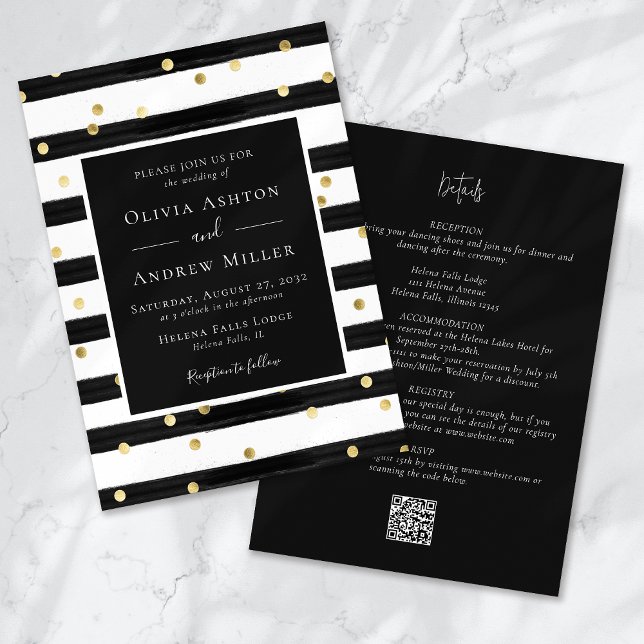 Convite Stripe Gold Foil Localiza QR Tudo em Um Casamento (Criador carregado)