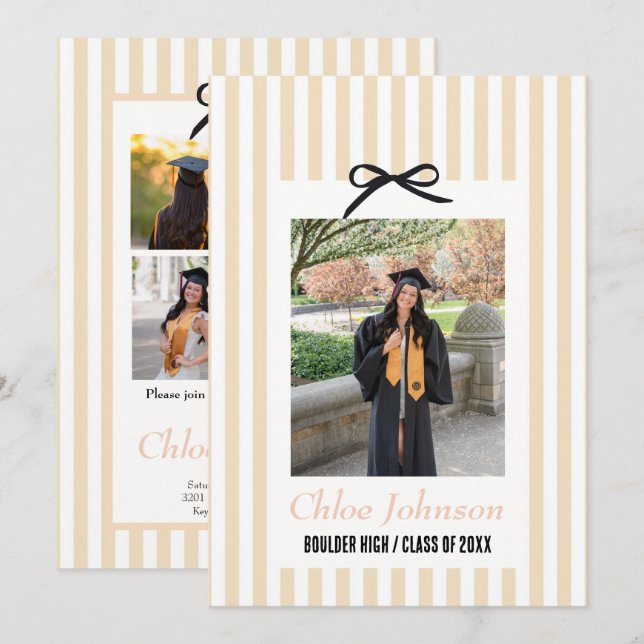 Convite  Striped Graduation Party Invitation With a Bow (Frente/Verso)