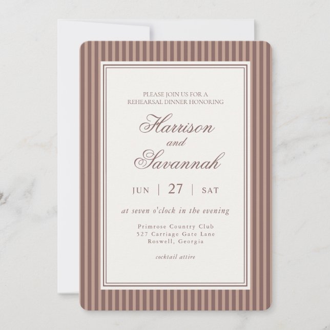 Convite Striped Mocha Brown Espresso Rehearsal Dinner (Frente)