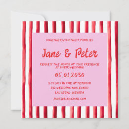 Convite Striped Pink & Red Handwriting Wedding
