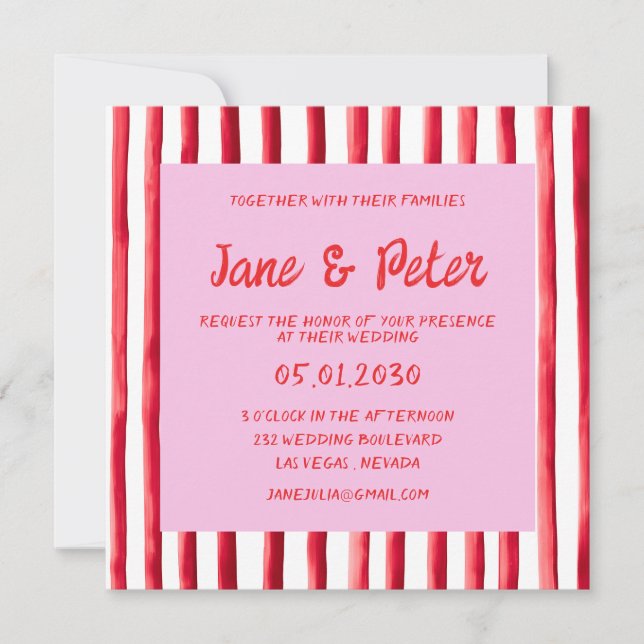 Convite Striped Pink & Red Handwriting Wedding (Frente)