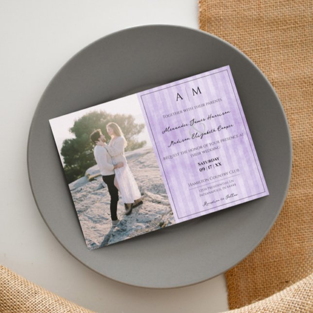 Convite Stripes de Foto e Vintage | Casamento Roxo (Purple Photo and Vintage Stripes Wedding Invitation)