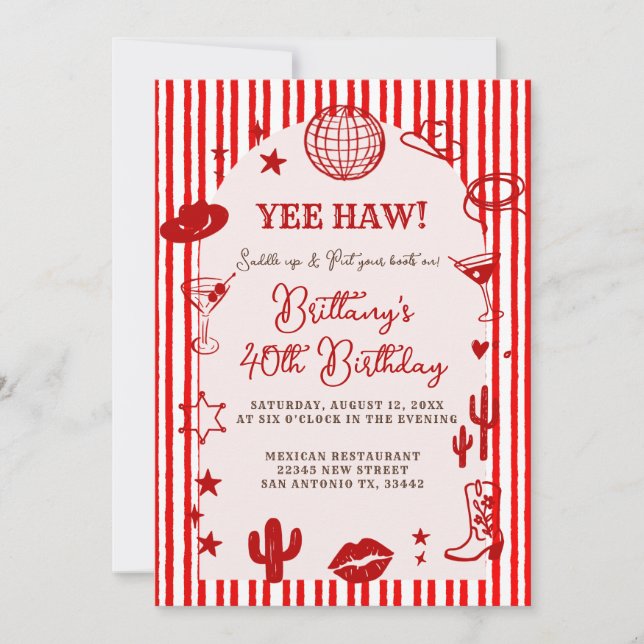 Convite Stripes Martini Disco Ball Any Age Birthday  (Frente)