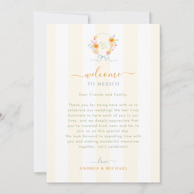 Convite Stripes Wedding Welcome Letter Itinerary Card (Frente)