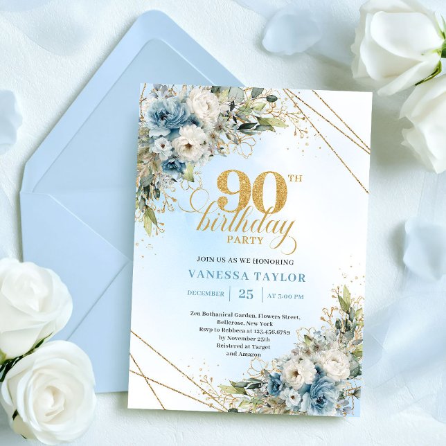 Convite Stunning Boho Dusty Blue Floral Gold 90th Birthday (Stunning Boho Dusty Blue Floral Gold 90th Birthday)