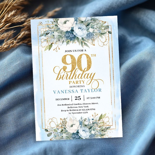 Convite Stunning pastel blue gold frame 90th birthday  (Stunning pastel blue gold frame 90th birthday invite)