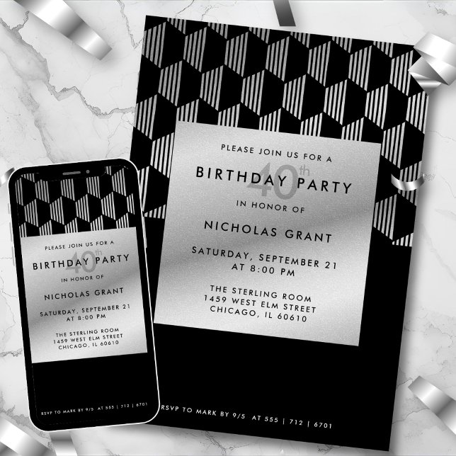 Convite Stylish 40th Birthday Faux Silver Foil Black (Criador carregado)
