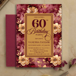 Convite Stylish 60th Birthday Burgundy Blush Floral Gold  