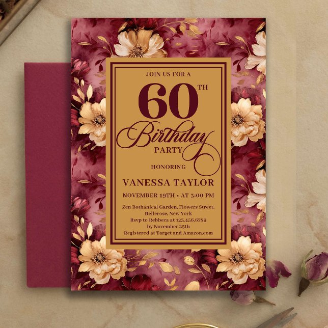 Convite Stylish 60th Birthday Burgundy Blush Floral Gold   (Stylish 60th Birthday Burgundy Blush Floral Gold Invitation)