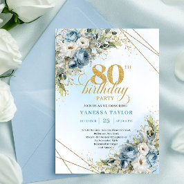 Convite Stylish 80th Birthday Invitation Dusty Blue Gold 