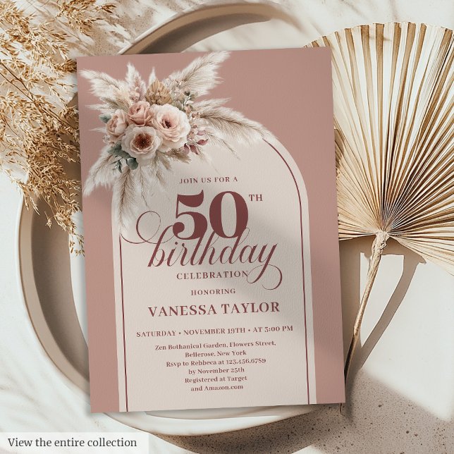 Convite Stylish Arch Pastel Pink Pampas Floral 50 Birthday (Stylish Arch Pastel Pink Pampas Floral 50th Birthday)