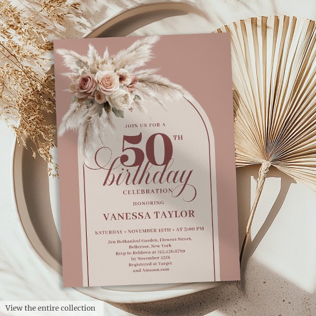 Convite Stylish Arch Pastel Pink Pampas Floral 50 Birthday (Stylish Arch Pastel Pink Pampas Floral 50 Birthday Invitation)