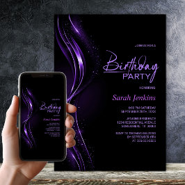 Convite Stylish Black and Purple Birthday Party