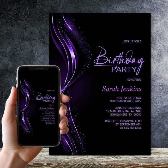 Convite Stylish Black and Purple Birthday Party (Criador carregado)