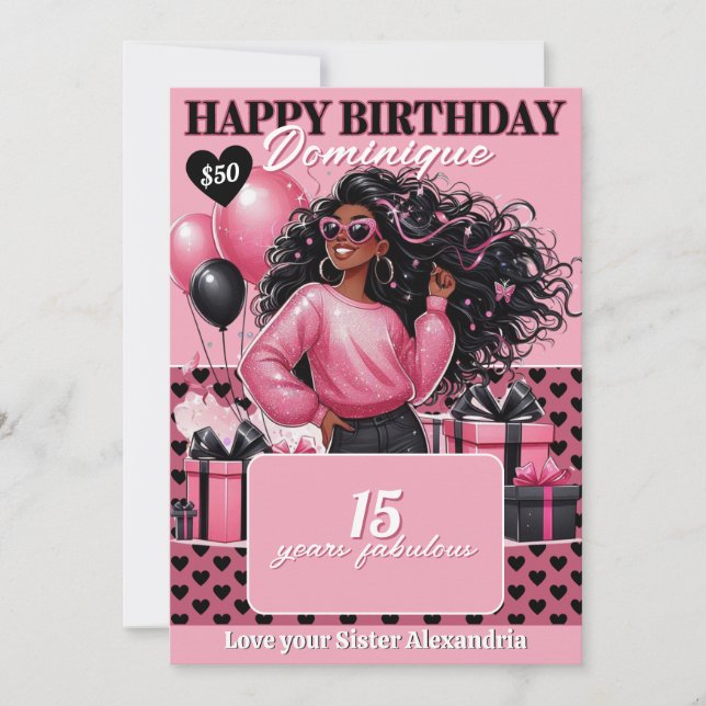 Convite Stylish Black Teen Girl Birthday Gift Card Holder (Frente)