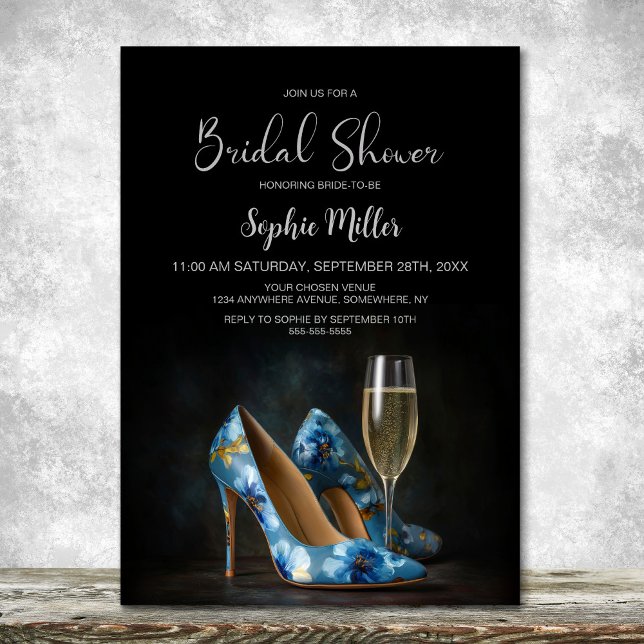 Convite Stylish Blue Floral Stiletto Shoes Bridal Shower (Criador carregado)