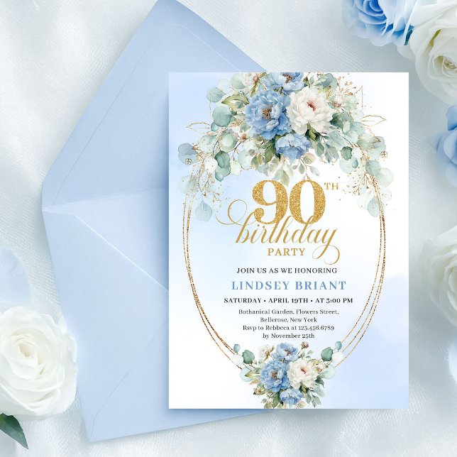 Convite Stylish Blue Peony Gold Frame 90th Birthday Invite (Stylish Blue Peony Gold Frame 90th Birthday Invite

)